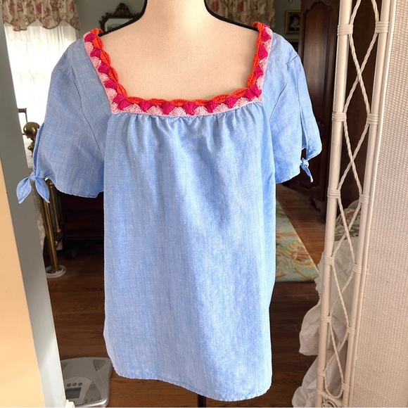 Talbots Blue Linen Top Crochet Trim Pink Coral Short Tie Sleeve Blouse size 2XP - Picture 3 of 16